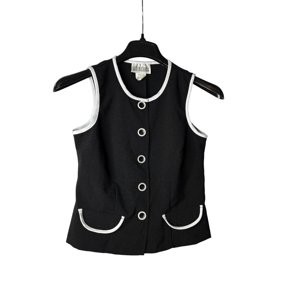 Vintage Jodi Michaels Sleeveless Top Size 5 Button Front Black White Mod Classic
